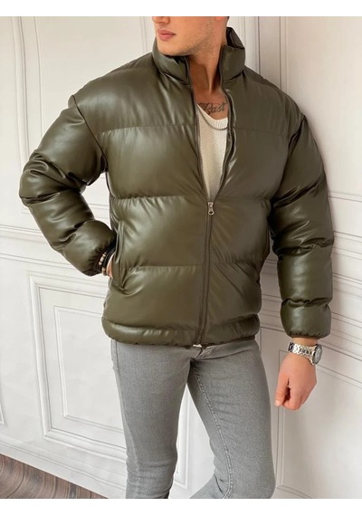 Modefendi Şişme Oversize Yüksek Kalite Deri Mont Haki