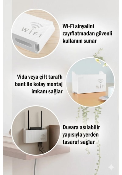 Wifi Modem Saklama Kutusu Plastik Malzeme İle 15x25x6 Cm Boyutlarında Şık Duvar Tipi Yapışkanlı Vida Hediyedli 2 Adet Beyaz - Gri