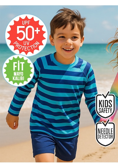 Denokids Uv Korumalı Çizgili Erkek Çocuk Mayo T-shirt Renkli