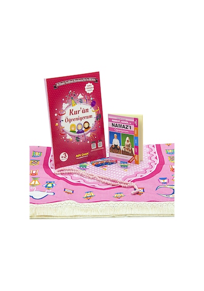 Çantalı Kuran Kursu Elif Ba Kitabı Çocuk Seccade İbadet Seti Pembe