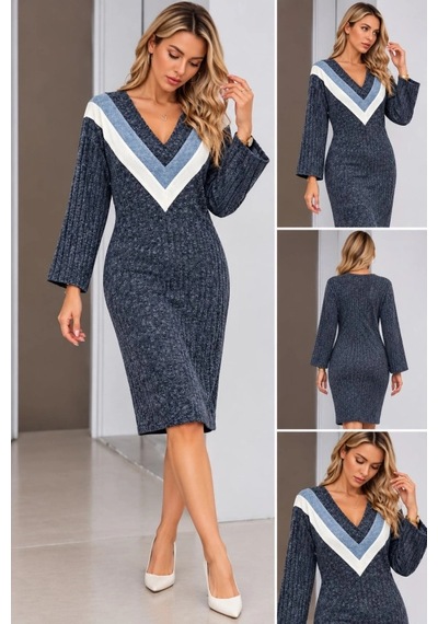 DefyModa Deri Detaylı V Yaka Fitilli Coton Örme Kumaş Elbise Lacivert