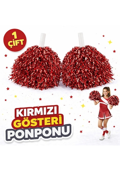 1 - 960 - Çift 2 Adet Kırmızı Renk 23 Nisan 19 Mayıs 29 Ekim Okul Gösteri Ponponları - Csmo-tex - Ekstra Dolgun