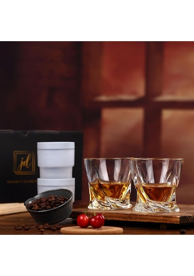 Viski Kayaları Bardak Seti Hediye Kutusunda - 2 Kristal Bourbon Bardağı Ve 2 Büyük Buz Topu Kalıbı İçerir - 325