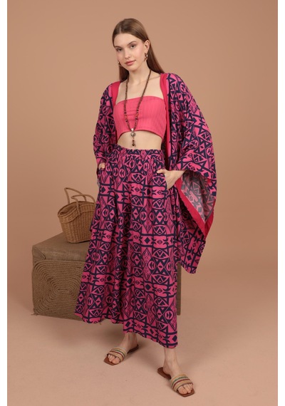 Chıcnhappy Empirme Viskon Kumaş Kadın Kimono Takım 24vl9330133 Fuşya