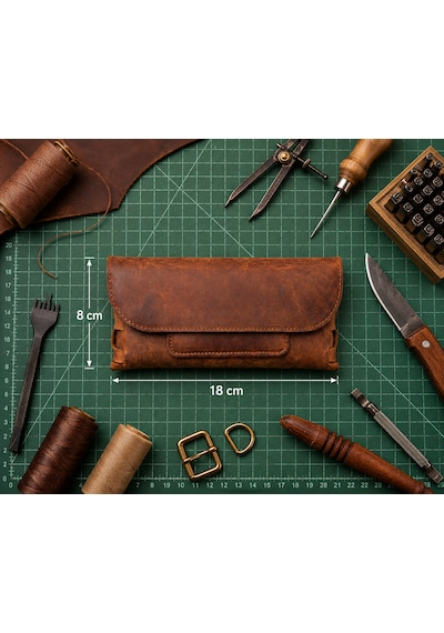 Vintage Leather Craft Hakiki Deri El Portfoyü Telefon Bölmeli Açık Kahverengi - Taba