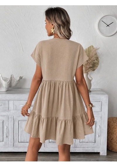 Butik İstanbul Kadın Kısa Kollu V Yakalı Fırfırlı Kısa Elbise Bej
