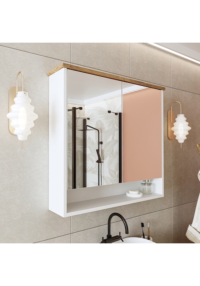 Banos Banyo Kulpsuz 2 Kapaklı Mat Beyaz Mdf 82Cm Aynalı Üst Dlp Atlantik Çam - Beyaz