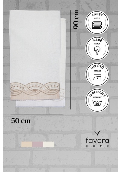 %100 Pamuk Fiyonk Güpürlü Çeyizlik 4'lü Havlu 50x90 - Krem - Vizo Krem - Vizon