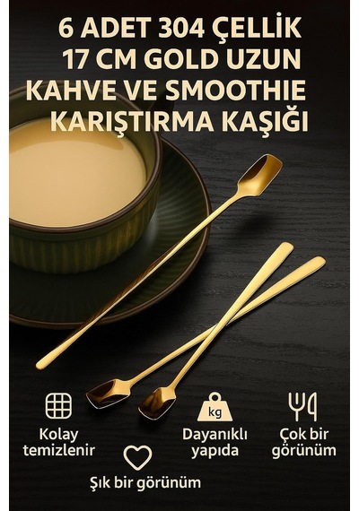 6 Adet 304 Çelik 17 Cm Gold Uzun Kahve Ve Smoothie Karıştırma Kaşığı Cin579sr-6