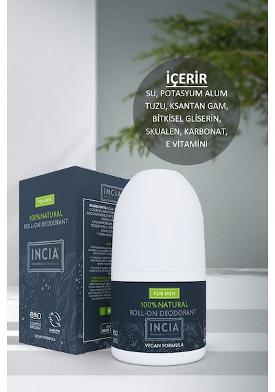 INCIA %100 Doğal Roll On Deodorant Erkekler İçin Ter Kokusu Önleyici Leke Yapmayan 50 ML