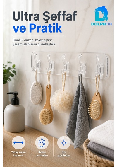 5 Kancalı Şeffaf Yapışkanlı Duvar Askılığı Delmeden Montaj -şeffaf