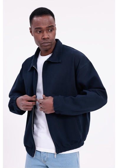Freemen Erkek Basic Gabardin Kumaş Fermuarlı Oversize Mevsimlik Polo Yaka Ceket Lacivert