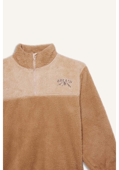 Defacto Erkek Çocuk Fermuarlı Yaka Nakışlı Pelüş Sweatshirt G2946a825wnbg360 Bej