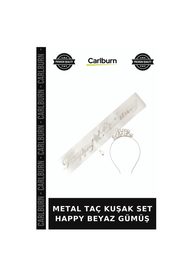 Delux Serisi Metal Taç Kuşak Set Happy Beyaz Gümüş Giyim Gün Aksesuar