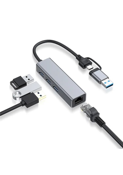 Usb Type C/usb A 4 Ü 1 Arada Hub Rj45 Ethernet Lan + 3x Usb 3.0 Port 5gbps Çoklayıcı Adaptör