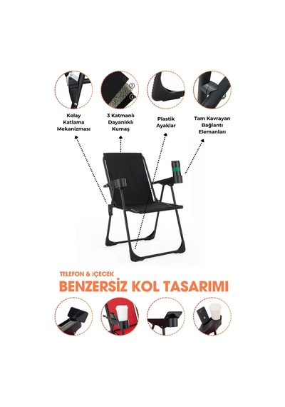 3 Adet Kamp Sandalyesi, Katlanır Kamp Sandalyesi, Bardaklıklı Kamp Sandalyesi,plaj Piknik Sandalyesi Siyah