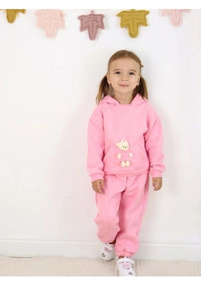 Kız Çocuk Ayıcıklı 3 İplik Şardonlu Eşofman Takım-15058 Pembe