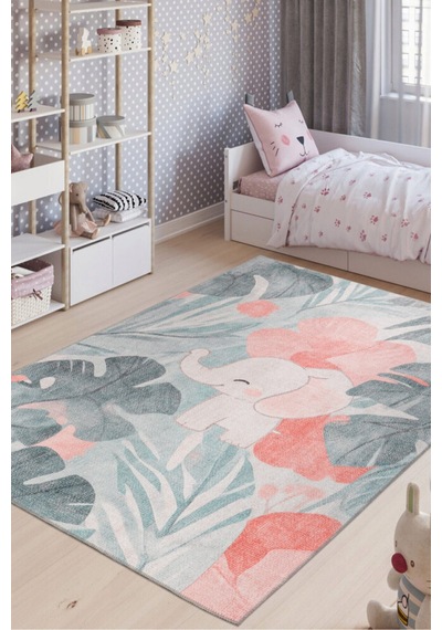 Foldy Minik Fil Desenli Dokuma Taban Dekoratif Çocuk Odası Halısı Fl 60 Çok Renkli