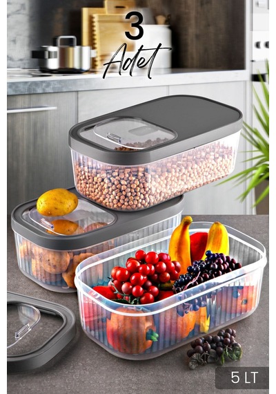 3'lü Etiketli 5 Litre Kayar Kapaklı Deterjan Tablet Saklama Çizgili Kutusu- Erzak Bakliyat Kabı Seffaf Multibox