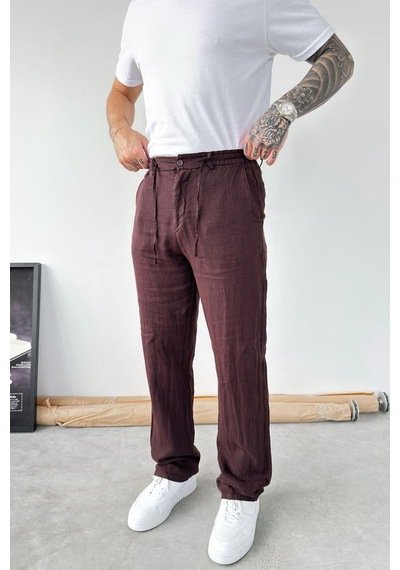 Kahverengi Basic Baggy Keten Pantolon