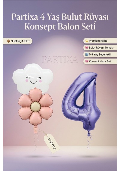 Bulut Rüyası Konsept Mor Rakam 1-9 Yaş Folyo Balon Seti 3 Parça Premium Doğum Günü Süsleme 1 - 12 Yaş