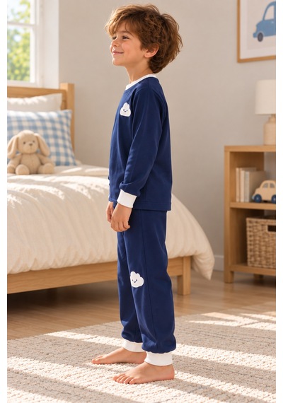 Luess Erkek Çocuk Lacivert Bulut Baskılı Uzun Kollu Süprem Pijama Takımı