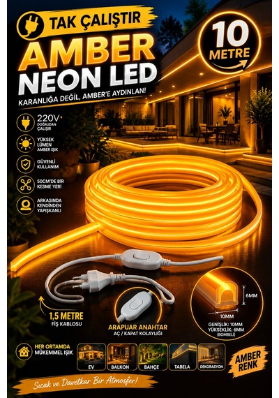 10 Metre Amber 220v Neon Led Şerit ,tak Çalıştır Set, Fişli Anahtarlı Esnek Şerit Led, ,turuncu Led,mutfak,tezgah Ledi,led Şerit Işık ,ambiyans Işık Havuzu, Kendinden Yapışkanlı,kehribar Led