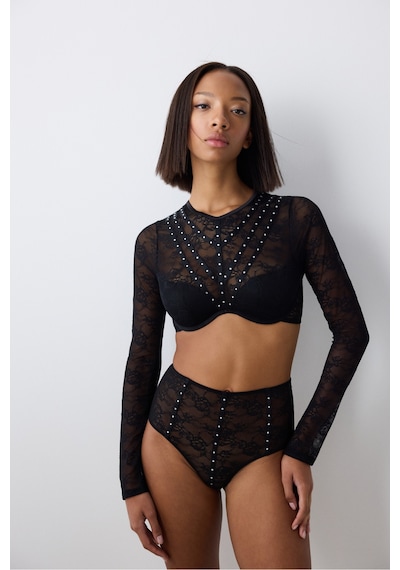 Penti Shinny Lace Dantel Uzun Kollu Siyah Croplet