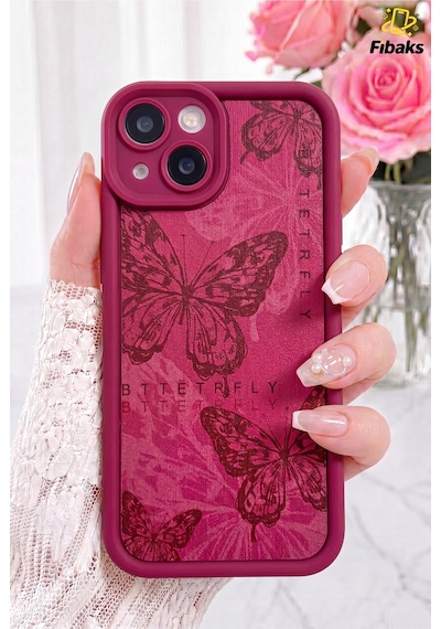 Fibaks iPhone 13/14 Uyumlu Kılıf Yumuşak Dokulu Kelebek Desenli Yumuşak Kamera Korumalı Mürdüm Silikon Kapak
