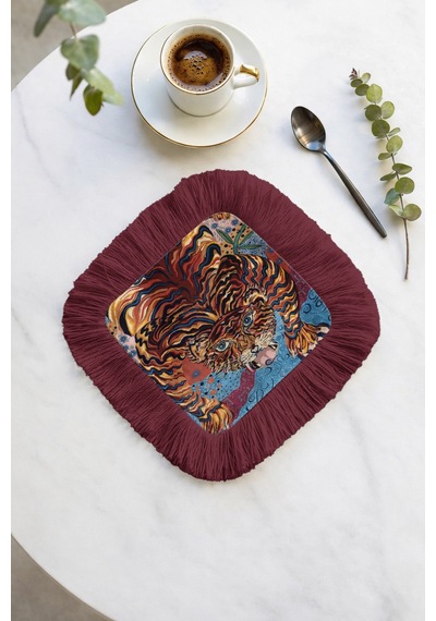 Egzotik Kaplan Motifli Saçaklı Sunum Peçetesi - Canlı Bohem Kırmızı Berceste Bardak Altlığı Mendil Pastel Karamel Egzotik Kaplan Motifli Saçaklı Sunum Peçetesi - Canlı Bohem Kırmızı Berceste Bardak Altlığı Mendil Pastel Karamel