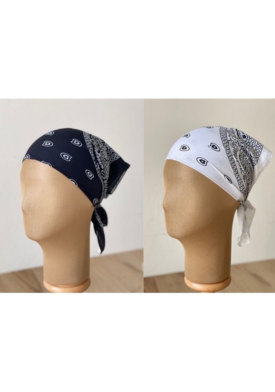 Pamuklu Klasik Desen Unisex 2li Bandana Seti Renkli Bandana Etnik Desenli A Kalite Bandana Siyah - Beyaz