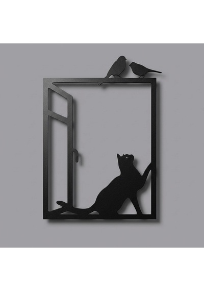 Camdaki Kedi Metal Tablo Siyah