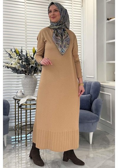 Rabia Şamlı İsra Triko Elbise Bej Normal
