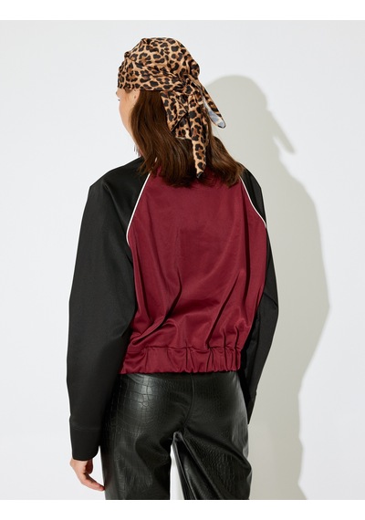 Koton Koton X İnji - Fermuarlı Dik Yaka Renk Bloklu Rahat Kalıp Sweatshirt Bordo 5wal10673ık Bordo