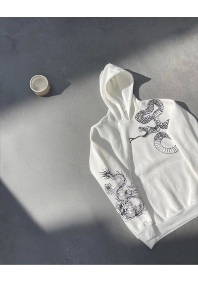 Uzun Kol Kapşonlu Baskılı Sweatshirt - Beyaz Beyaz