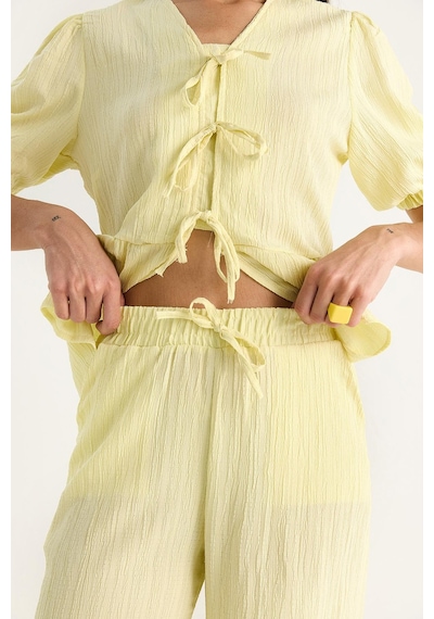 Shade Kadın Bağlama Detaylı Kolları Lastikli Bluz Pantolon Bürümcük Takım 8015 60283448 - Limon Sarısı Çok Renkli