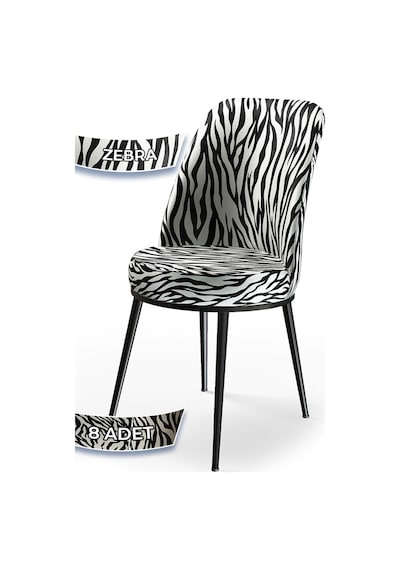 Canisa Dexa Serisi, Üst Kalite Mutfak Sandalyesi, Metal Siyah Iskeletli, 8 Adet Zebra Desen Sandalye Zebra Desen Sandalye