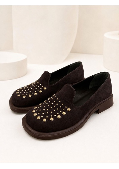 Dabab Shoes Monıca Kadın Acı Kahve Süet Taşlı Zımbalı Yuvarlak Burun 2 Cm Kalın Taban Loafer Ayakkabı Kahverengi