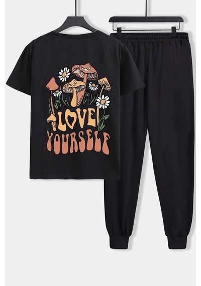 Uyguntarz Unisex Love Yourself Baskılı 2'li Eşofman Takımı Siyah