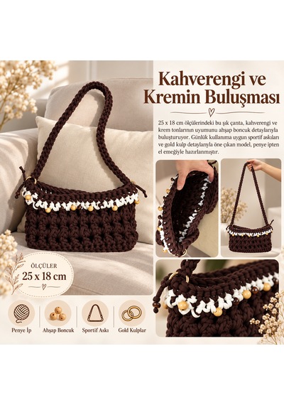 Kahverengi & Krem Boncuklu Penye Çanta Kahverengi - Krem