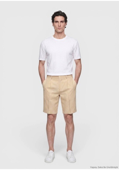 Ramsey Açık Sarı Düz Dokuma Casual Fit Casual Keten Karışımlı Bermuda
