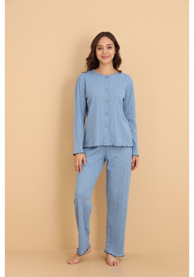 Wordex Mirano 8454 Pointel Kumaş Boydan Düğmeli Günlük Çiçekli Kadın Pijama Takımı Mavi