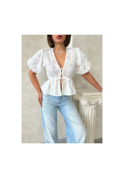 Verymoda Önden Bağlamalı Nakışlı Vual Bluz D2820 Krem