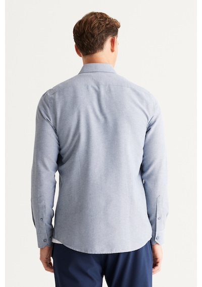 AC&Co / Altınyıldız Classics Erkek Indıgo Slim Fit Dar Kesim Düğmeli Yaka Pamuklu Armürlü Gömlek İndigo