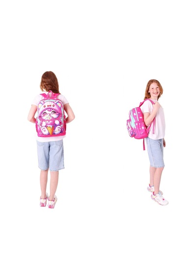 Kaukko Kids Layer Kız Çocuk Okul Çantası + Kalem Çantası Seti Pembe - Dondurma Yiyen Kedi Pembe
