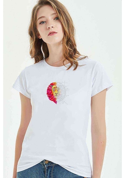 Lion Mosaic Artwork Baskılı Beyaz Kadın Tshirt