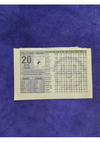 20 Ocak 2002 Takvim Yaprağı - Nostaljik Koleksiyonluk Takvim Yaprağı
