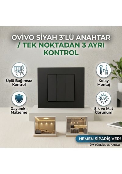 Ovivo Numeris Siyah 3'lü Anahtar Çerçeve + Mekanizma Tam Set - Tek Noktadan 3 Ayrı Aydınlatma Kontrolü Grano