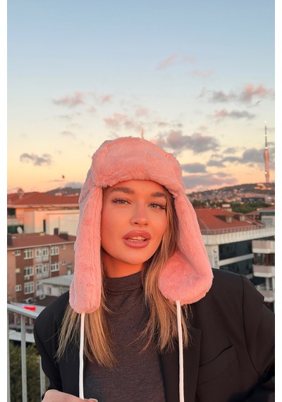 Mollycrush Kadın Pudra Suni Kürk Peluş Tüylü Elit Ponponlu Şapka Bere Pudra