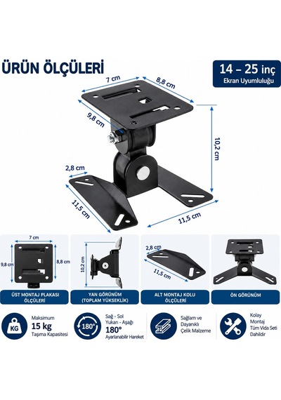 Luve Store 14-24 İnç Hareketli Tv Monitör Duvar Askı Aparatı 180 Derece Döner 15 Kg Taşıma Kapasiteli